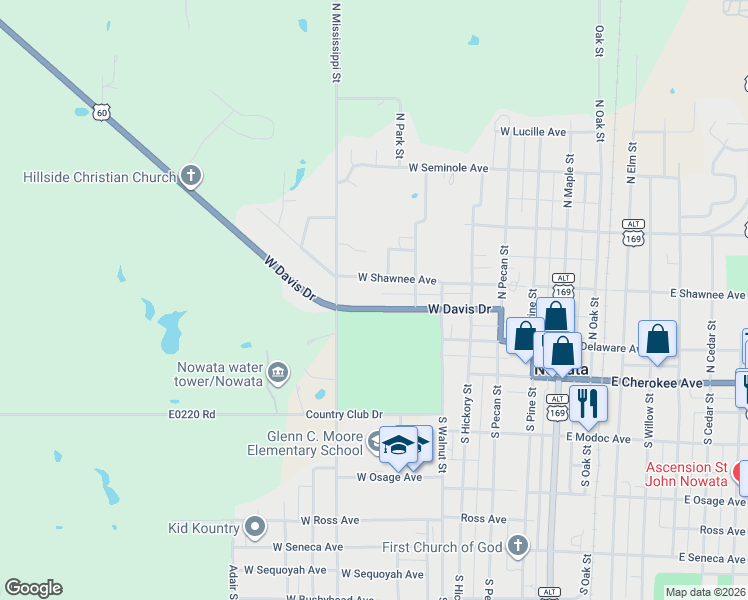 map of restaurants, bars, coffee shops, grocery stores, and more near 707 West Shawnee Avenue in Nowata