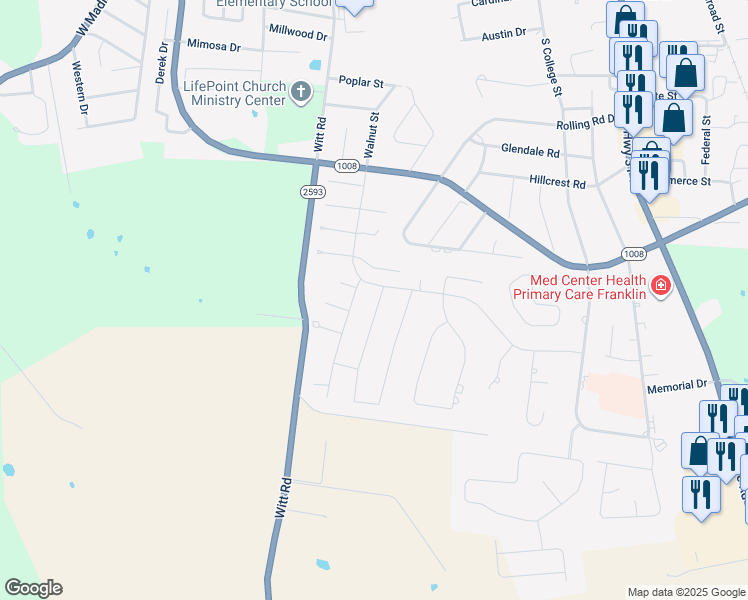 map of restaurants, bars, coffee shops, grocery stores, and more near 524 Rolling Road Drive in Franklin