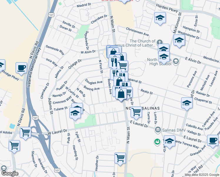 map of restaurants, bars, coffee shops, grocery stores, and more near 204 Rodeo Avenue in Salinas