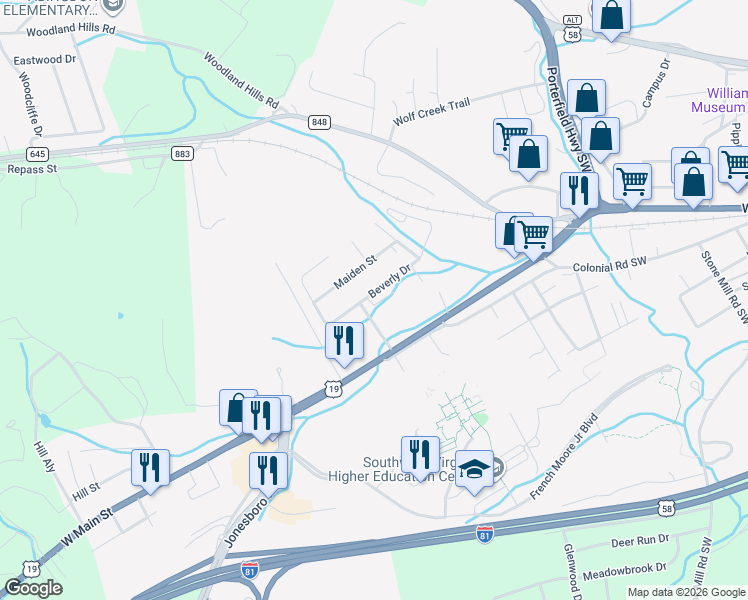 map of restaurants, bars, coffee shops, grocery stores, and more near 956 Beverly Drive Northeast in Abingdon