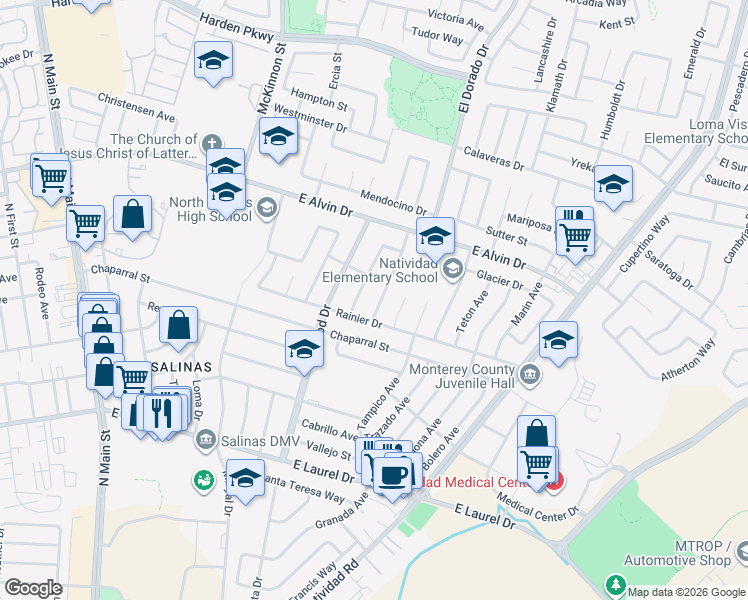 map of restaurants, bars, coffee shops, grocery stores, and more near 1440 Lassen Avenue in Salinas
