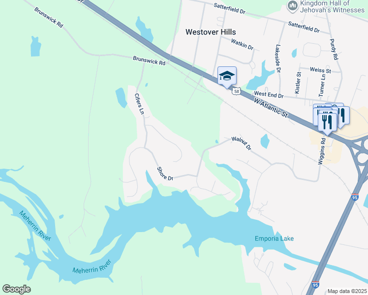 map of restaurants, bars, coffee shops, grocery stores, and more near 315 Allen Court in Emporia