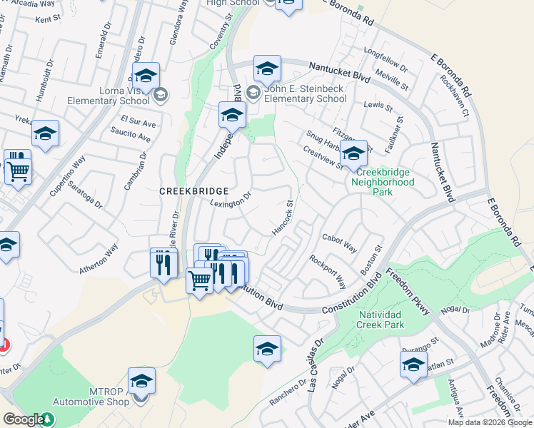 map of restaurants, bars, coffee shops, grocery stores, and more near 18 Suffield Circle in Salinas