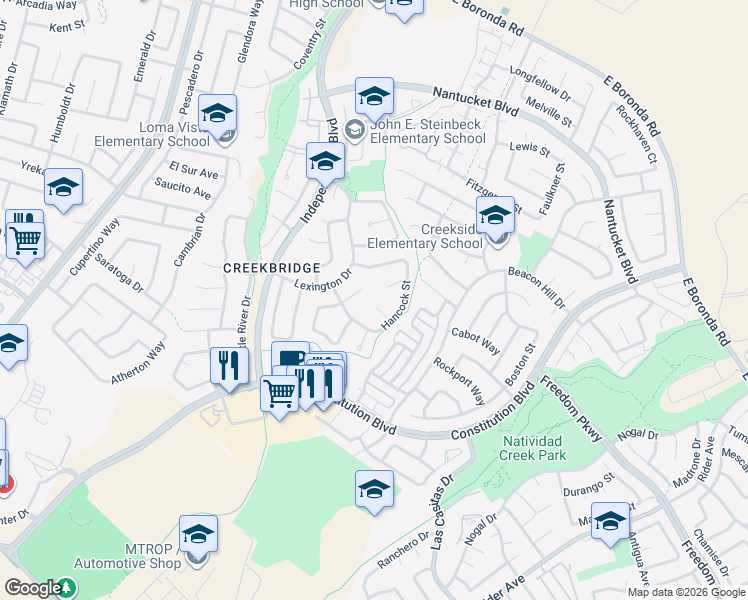 map of restaurants, bars, coffee shops, grocery stores, and more near 18 Marshfield Circle in Salinas