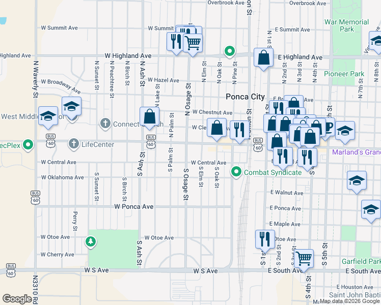 map of restaurants, bars, coffee shops, grocery stores, and more near 111 South Osage Street in Ponca City