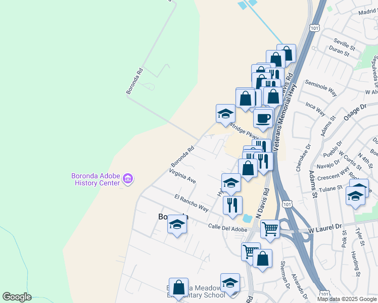 map of restaurants, bars, coffee shops, grocery stores, and more near 495 Boronda Road in Salinas