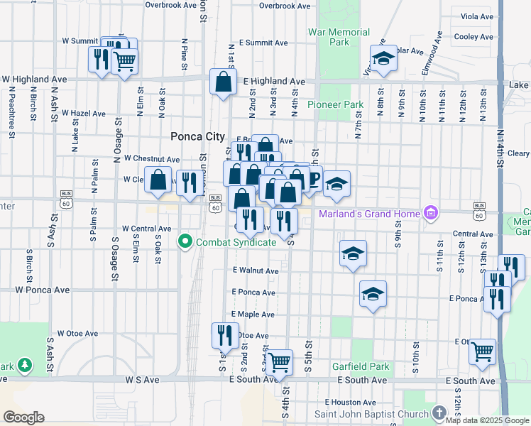 map of restaurants, bars, coffee shops, grocery stores, and more near 222 East Grand Avenue in Ponca City