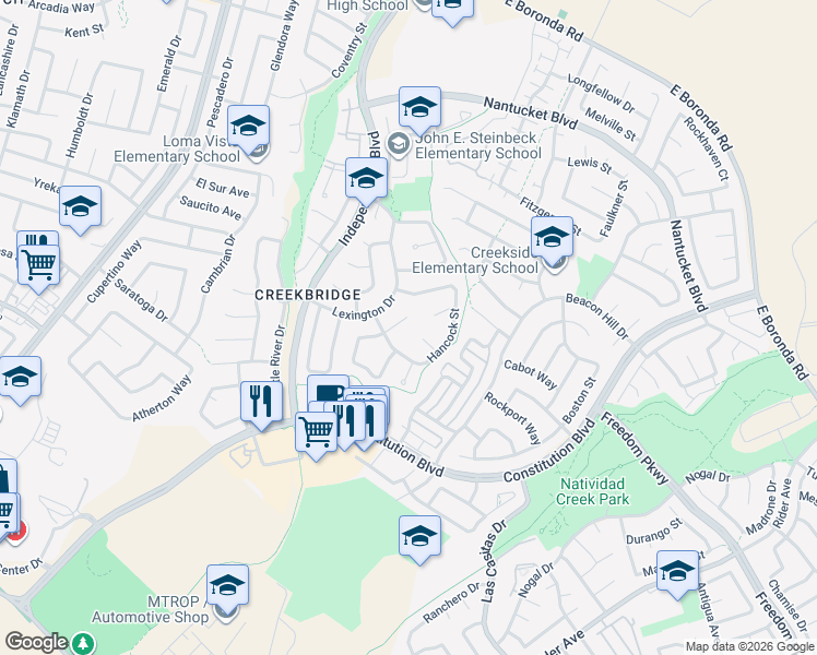 map of restaurants, bars, coffee shops, grocery stores, and more near 18 Marshfield Circle in Salinas