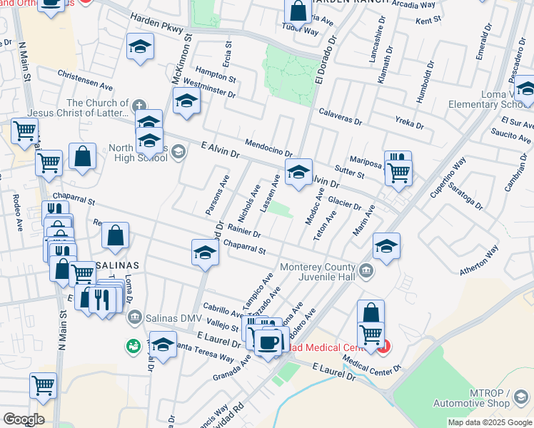 map of restaurants, bars, coffee shops, grocery stores, and more near 1440 Lassen Ave in Salinas