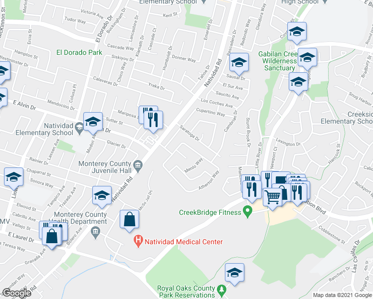 map of restaurants, bars, coffee shops, grocery stores, and more near 1519 Atherton Way in Salinas