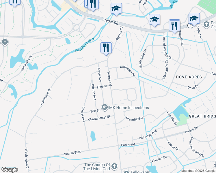 map of restaurants, bars, coffee shops, grocery stores, and more near 548 Waters Road in Chesapeake