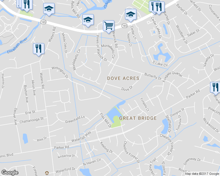 map of restaurants, bars, coffee shops, grocery stores, and more near 591 Dove Drive in Chesapeake