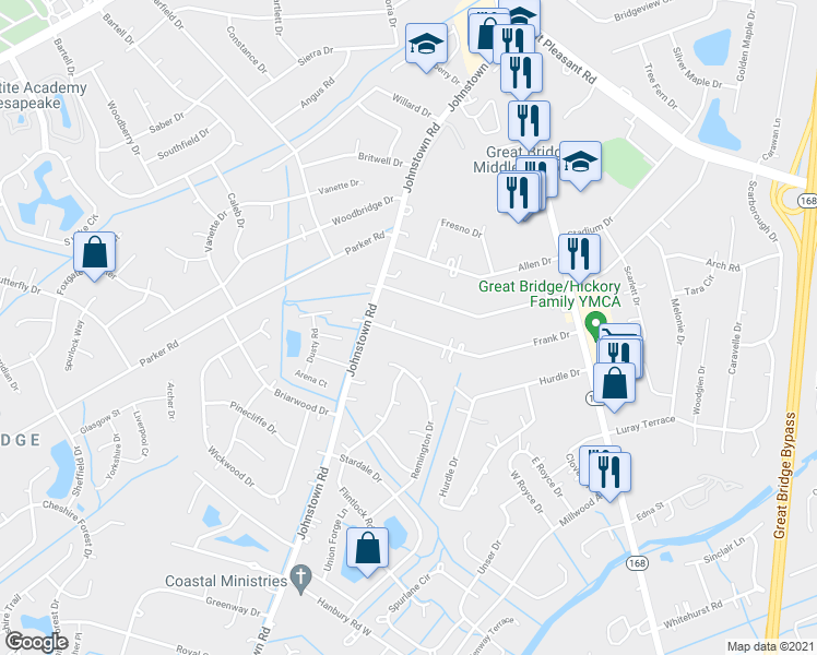 map of restaurants, bars, coffee shops, grocery stores, and more near 228 Frank Drive in Chesapeake