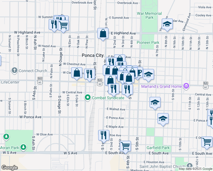map of restaurants, bars, coffee shops, grocery stores, and more near 104 East Grand Avenue in Ponca City