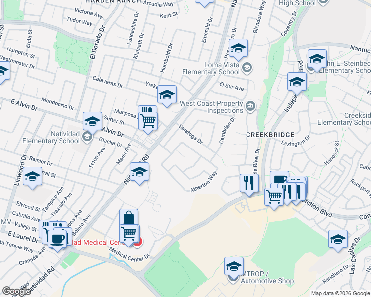 map of restaurants, bars, coffee shops, grocery stores, and more near 1519 Atherton Way in Salinas