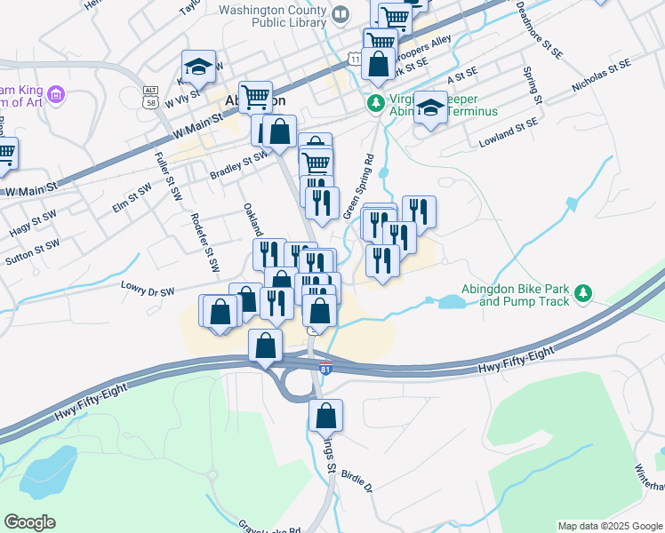 map of restaurants, bars, coffee shops, grocery stores, and more near 475 Green Spring Road in Abingdon