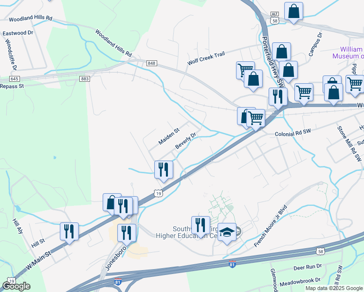 map of restaurants, bars, coffee shops, grocery stores, and more near 956 Beverly Drive Northeast in Abingdon