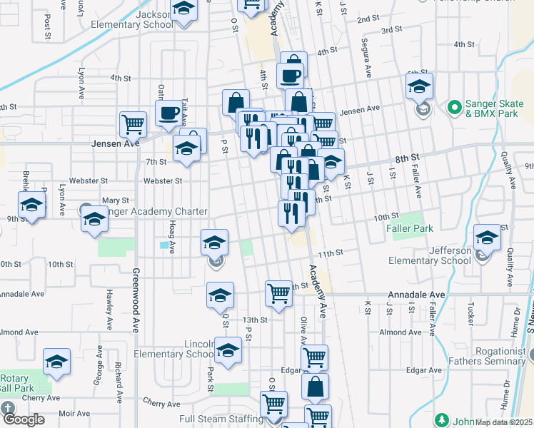 map of restaurants, bars, coffee shops, grocery stores, and more near 900 O Street in Sanger
