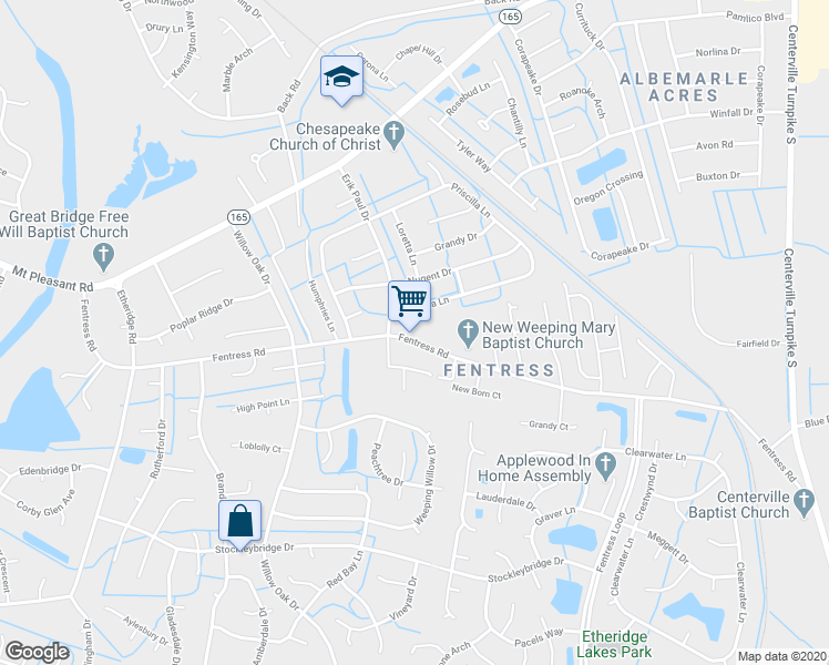 map of restaurants, bars, coffee shops, grocery stores, and more near 1006 Fentress Road in Chesapeake