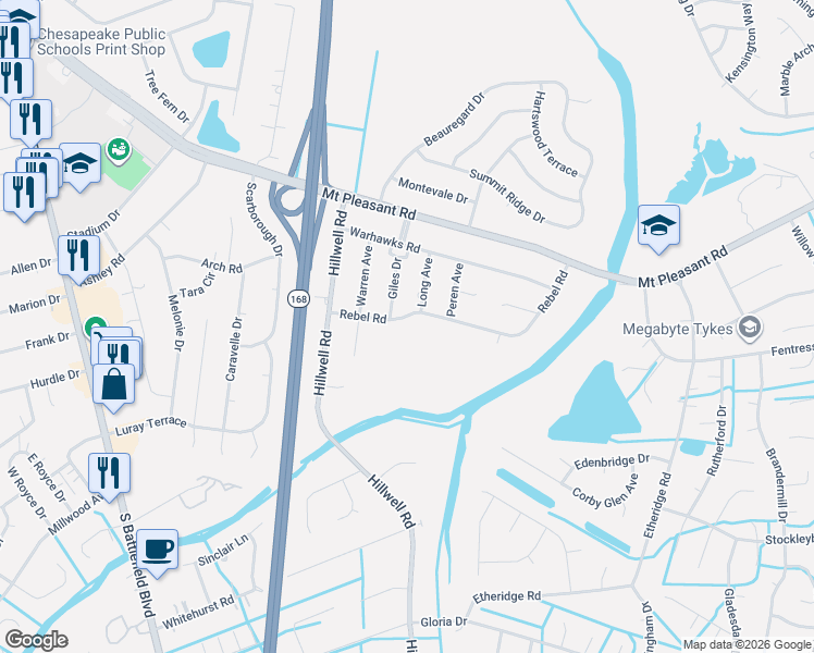 map of restaurants, bars, coffee shops, grocery stores, and more near 425 Rebel Road in Chesapeake