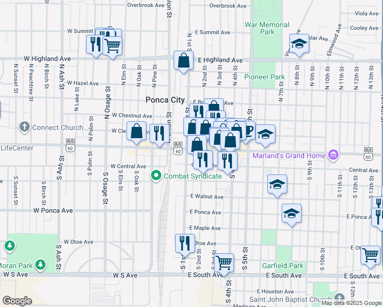 map of restaurants, bars, coffee shops, grocery stores, and more near 104 East Grand Avenue in Ponca City