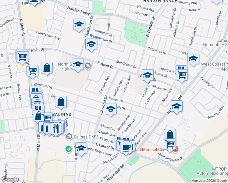 map of restaurants, bars, coffee shops, grocery stores, and more near 1435 Nichols Avenue in Salinas