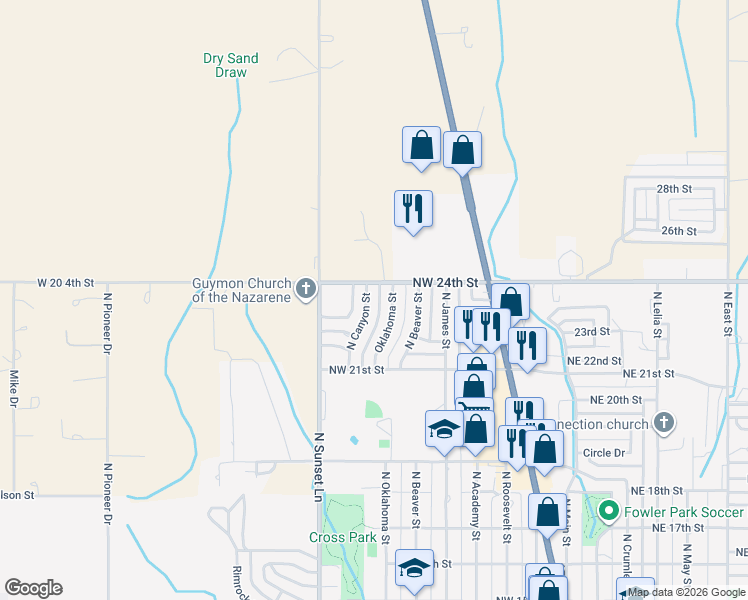 map of restaurants, bars, coffee shops, grocery stores, and more near 2225 North Canyon Street in Guymon