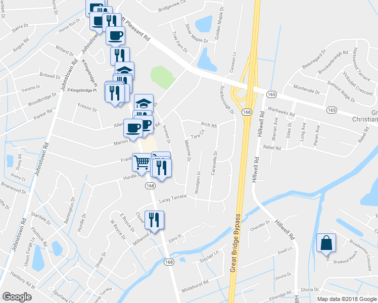 map of restaurants, bars, coffee shops, grocery stores, and more near 236 Melonie Drive in Chesapeake