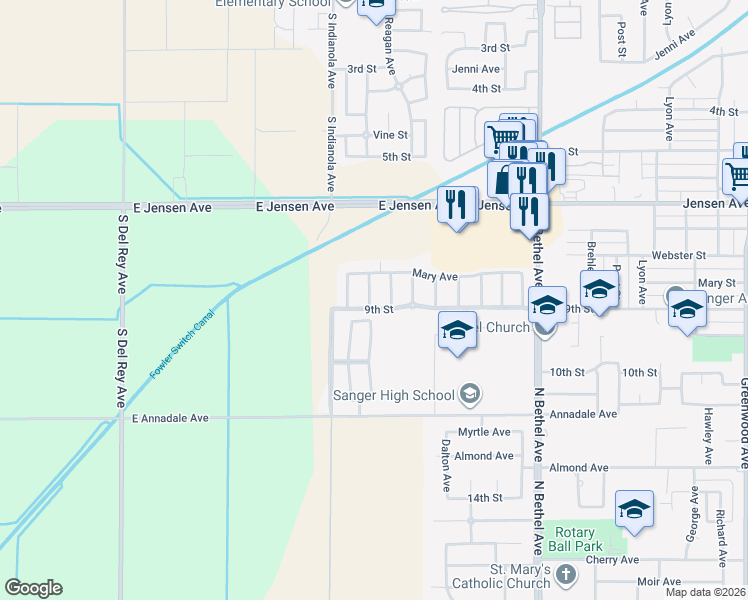 map of restaurants, bars, coffee shops, grocery stores, and more near 864 Pinewood Avenue in Sanger