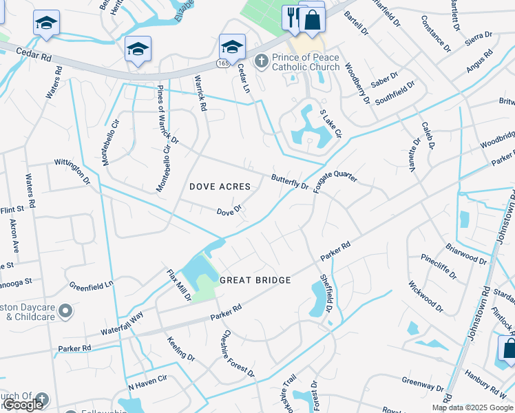 map of restaurants, bars, coffee shops, grocery stores, and more near 525 Dove Drive in Chesapeake