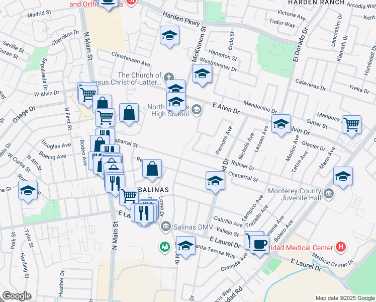 map of restaurants, bars, coffee shops, grocery stores, and more near 336 Rainier Drive in Salinas
