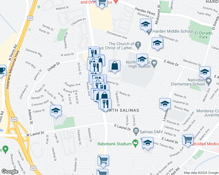 map of restaurants, bars, coffee shops, grocery stores, and more near 340 Noice Drive in Salinas