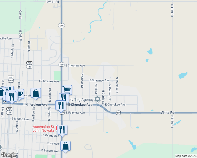 map of restaurants, bars, coffee shops, grocery stores, and more near 304 North Hill Street in Nowata