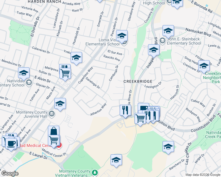 map of restaurants, bars, coffee shops, grocery stores, and more near 1626 Cambrian Drive in Salinas