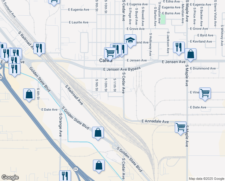 map of restaurants, bars, coffee shops, grocery stores, and more near 2689 South 10th Street in Fresno
