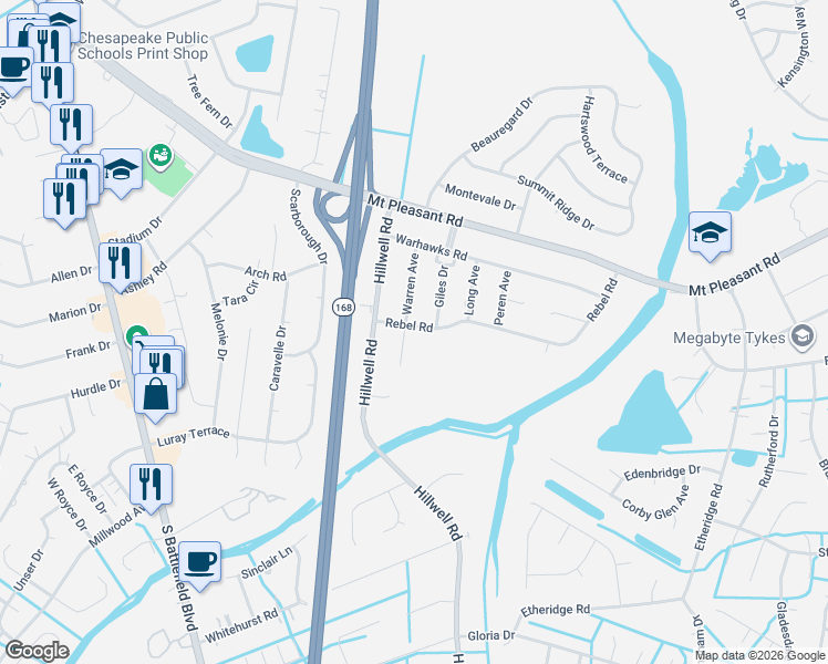 map of restaurants, bars, coffee shops, grocery stores, and more near 601 Warren Avenue in Chesapeake