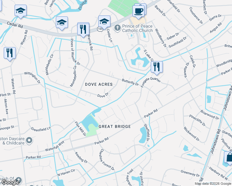 map of restaurants, bars, coffee shops, grocery stores, and more near 527 Dove Drive in Chesapeake
