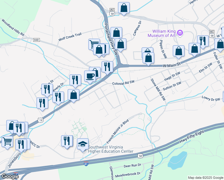 map of restaurants, bars, coffee shops, grocery stores, and more near 735 Gilliam Street Southwest in Abingdon