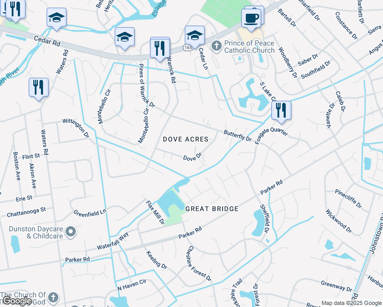 map of restaurants, bars, coffee shops, grocery stores, and more near 552 Dove Drive in Chesapeake