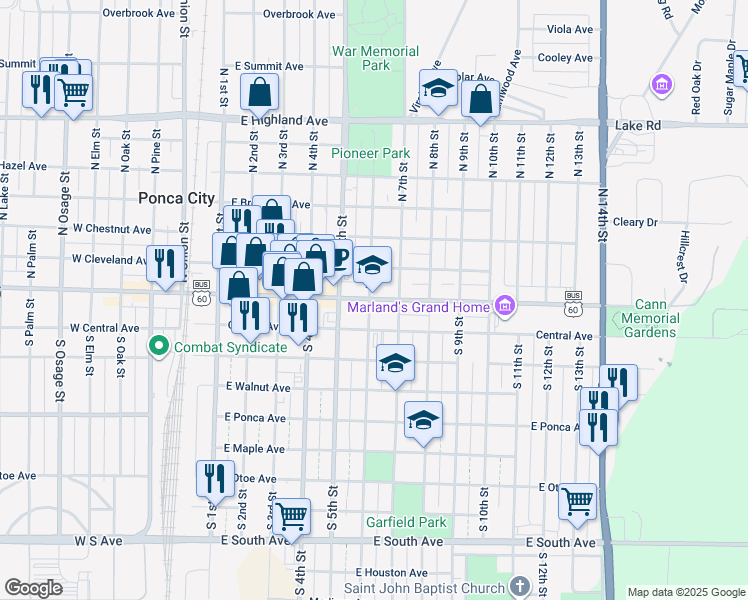 map of restaurants, bars, coffee shops, grocery stores, and more near 612 East Grand Avenue in Ponca City