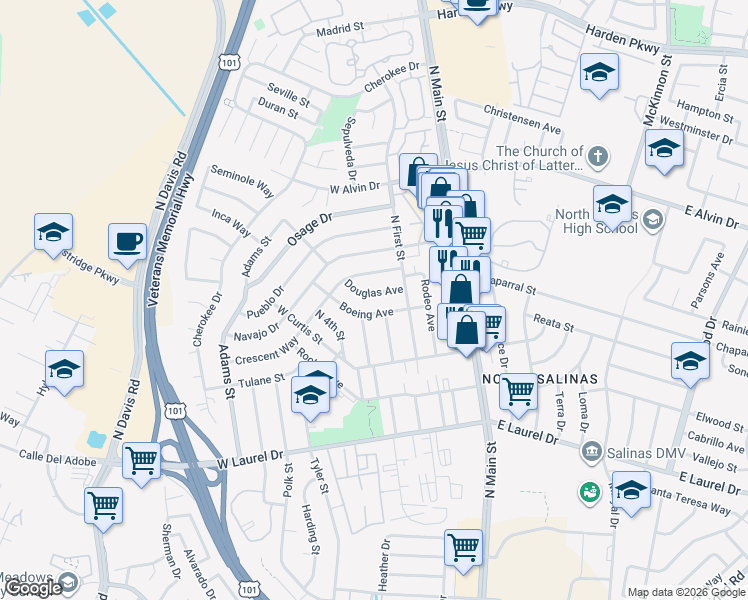 map of restaurants, bars, coffee shops, grocery stores, and more near 231 Douglas Avenue in Salinas