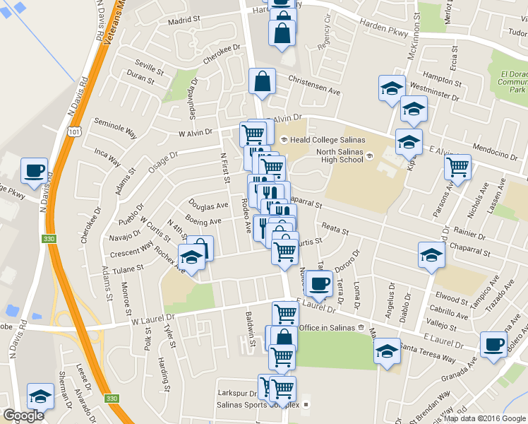 map of restaurants, bars, coffee shops, grocery stores, and more near 1339 N Main St in Salinas
