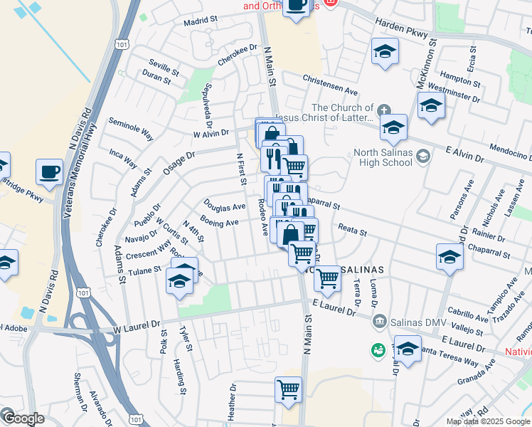 map of restaurants, bars, coffee shops, grocery stores, and more near 204 Rodeo Avenue in Salinas