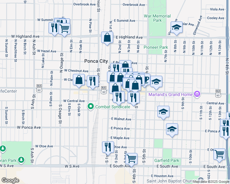 map of restaurants, bars, coffee shops, grocery stores, and more near 122 Grand Avenue East in Ponca City
