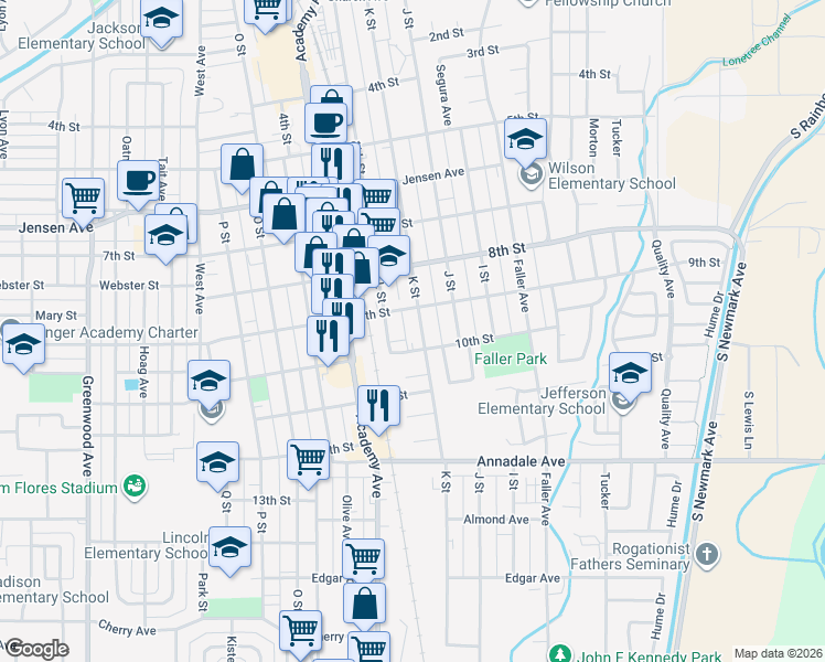 map of restaurants, bars, coffee shops, grocery stores, and more near 913 K Street in Sanger