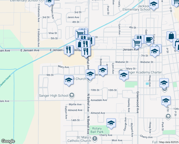 map of restaurants, bars, coffee shops, grocery stores, and more near 888 North Bethel Avenue in Sanger