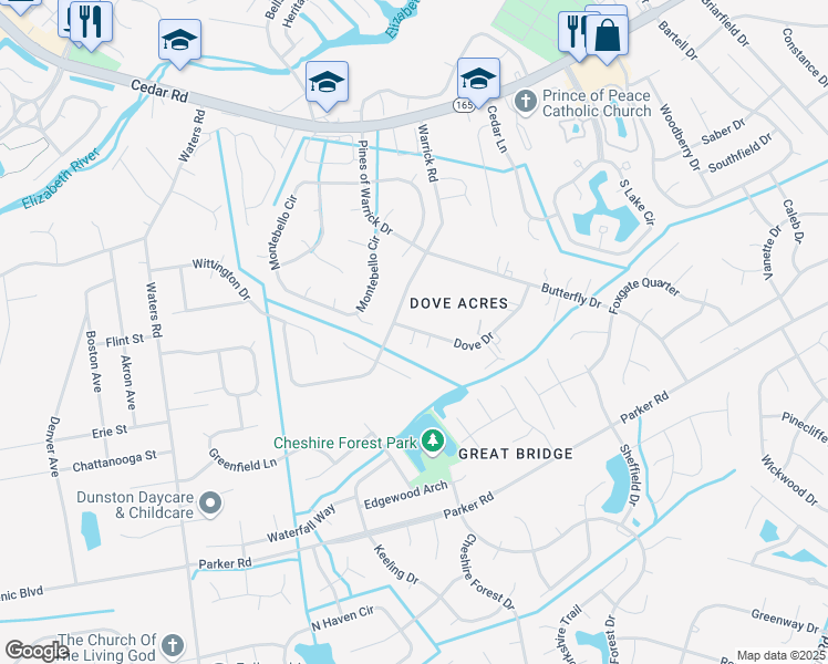 map of restaurants, bars, coffee shops, grocery stores, and more near 591 Dove Drive in Chesapeake