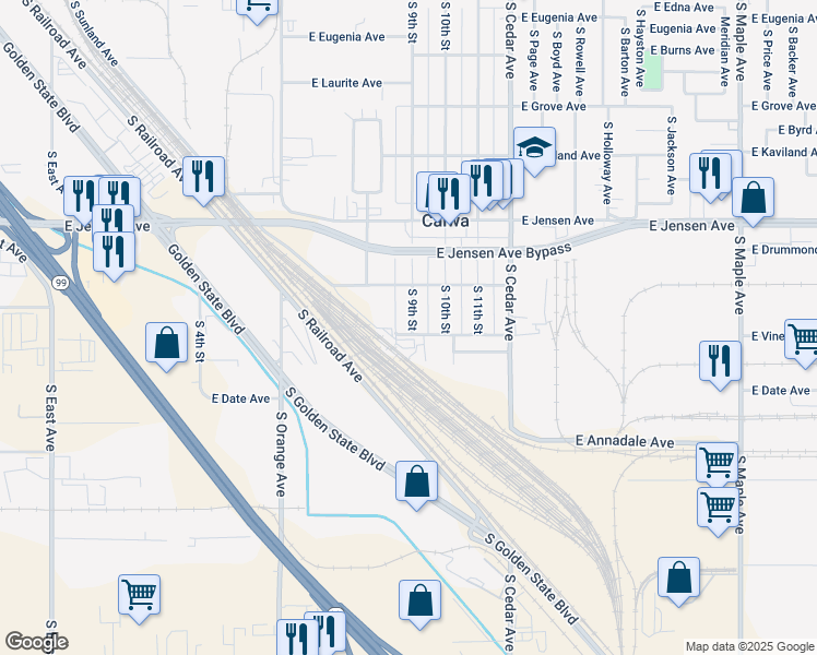 map of restaurants, bars, coffee shops, grocery stores, and more near 2692 South 9th Street in Fresno