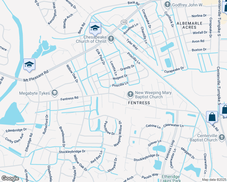 map of restaurants, bars, coffee shops, grocery stores, and more near 1000 Fentress Road in Chesapeake