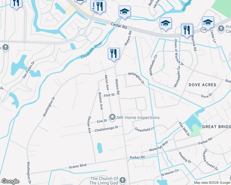 map of restaurants, bars, coffee shops, grocery stores, and more near 548 Waters Road in Chesapeake